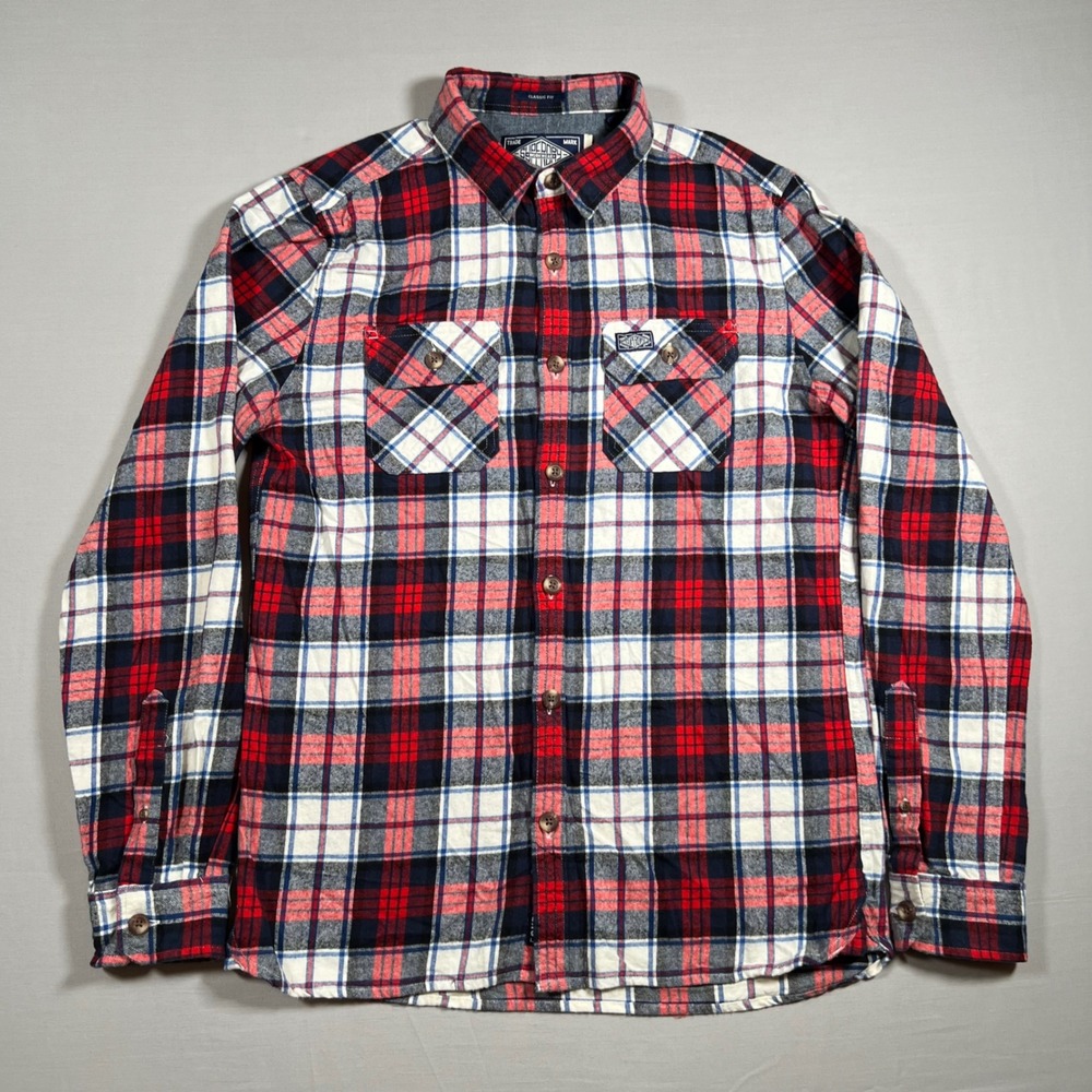 Superdry Workwear Mens Plaid Flannel Shirt Red White Navy Classic Fit